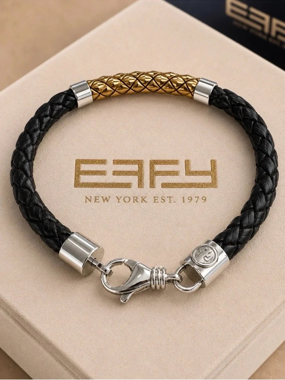 Effy Black Braided Leather Bracelet with Gold Accent and Silver Hardware